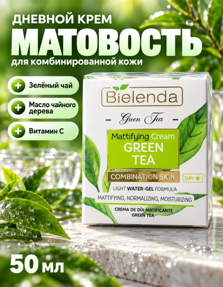 Крем для лица дневной матирующий Bielenda Green Tea для комбинированной кожи, 50 мл