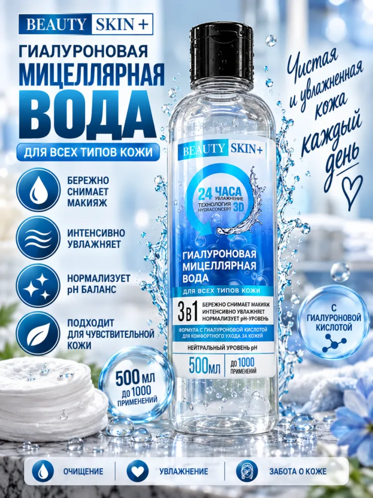 Мицеллярная вода Beauty Skin Plus гиалуроновая 3 в 1