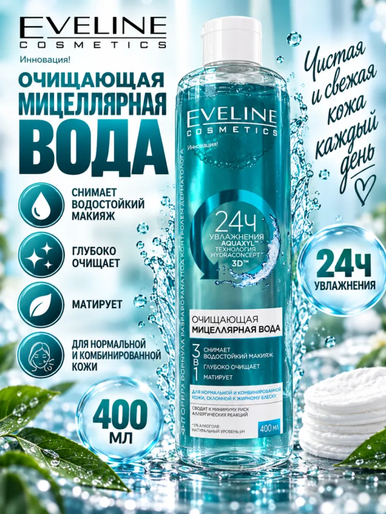 Мицеллярная вода Eveline Cosmetics очищающая 3 в 1