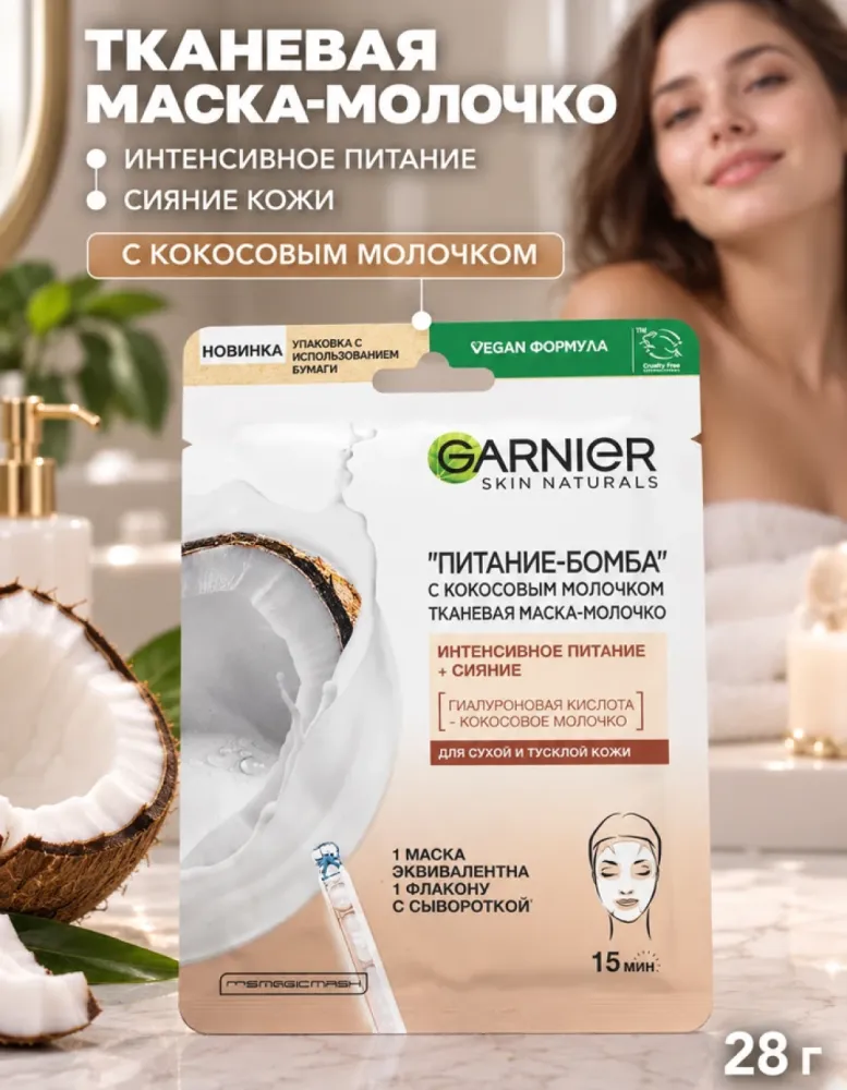 Тканевая маска-молочко для лица Garnier Питание-бомба с кокосовым молочком, 28 г