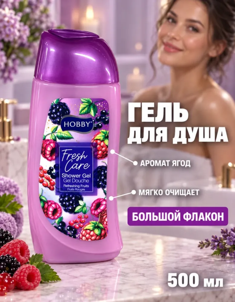 Гель для душа HOBBY Fresh Care Refreshing Fruits с ароматом красных ягод, 500 мл