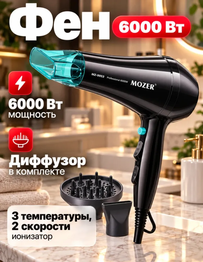 Фен для волос MOZER MZ-9953, 6000 Вт