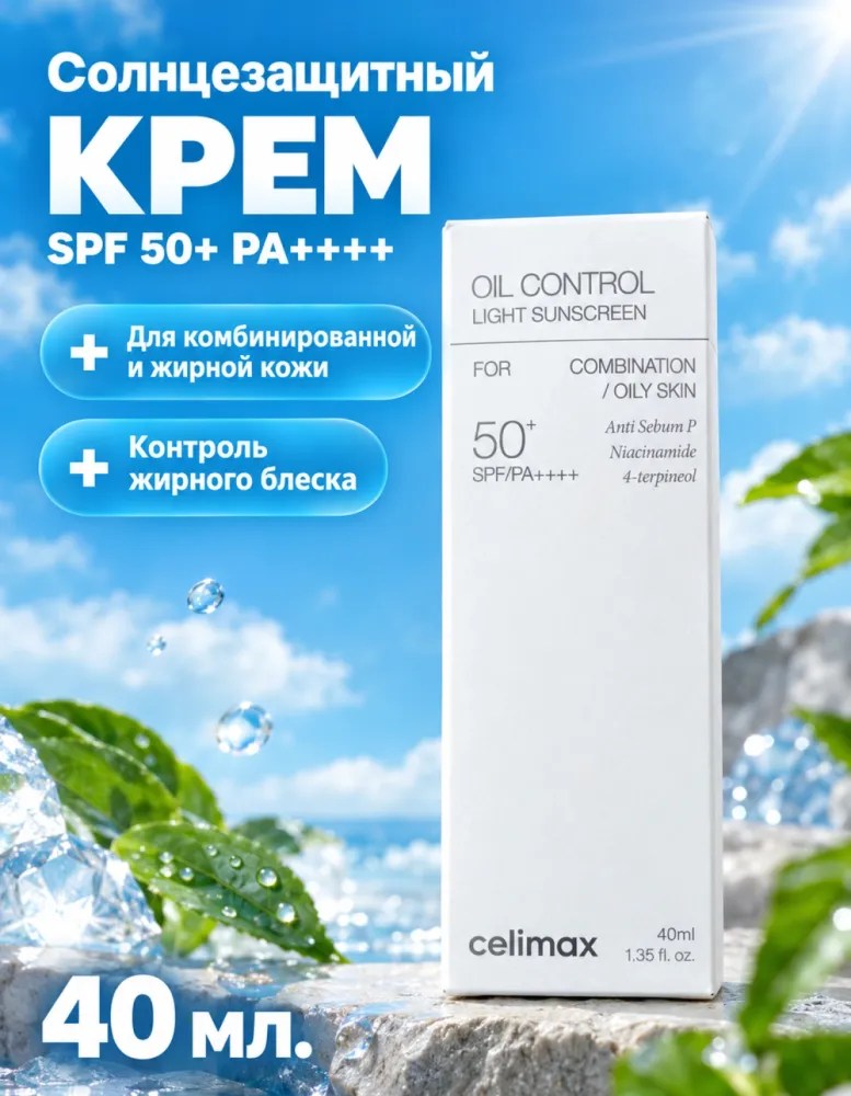 Солнцезащитный крем celimax Oil Control Light Sunscreen SPF50+ PA++++, 40 мл