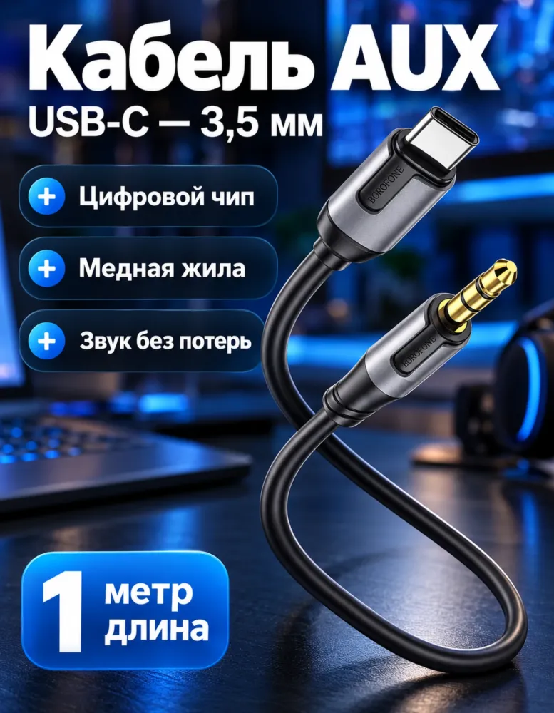 Аудиокабель-переходник BOROFONE BL19 USB-C – 3,5 мм AUX, 1 м, чёрный