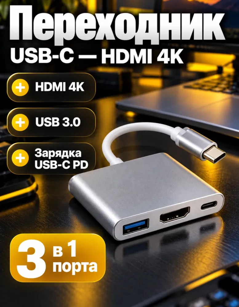 Переходник USB-C – HDMI 4K 3 в 1: HDMI, USB 3.0, USB-C PD, серебристый