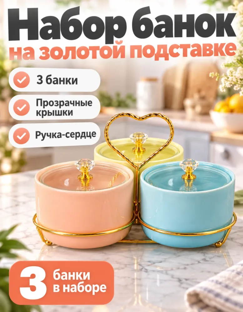 Набор из 3 банок для сыпучих на золотой подставке с ручкой-сердцем