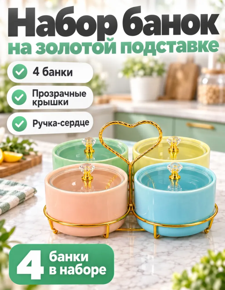 Набор из 4 банок для сыпучих на золотой подставке с ручкой-сердцем