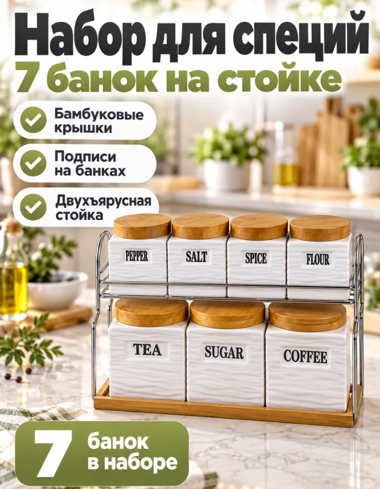 Набор банок для специй 7 шт на стойке с бамбуковым основанием JC6686