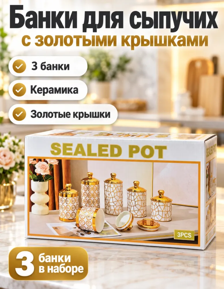 Набор керамических банок для сыпучих SEALED POT 3 шт с золотыми крышками