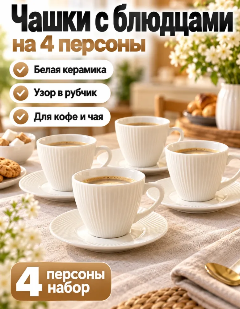 Набор кофейных чашек с блюдцами на 4 персоны, белая керамика в рубчик