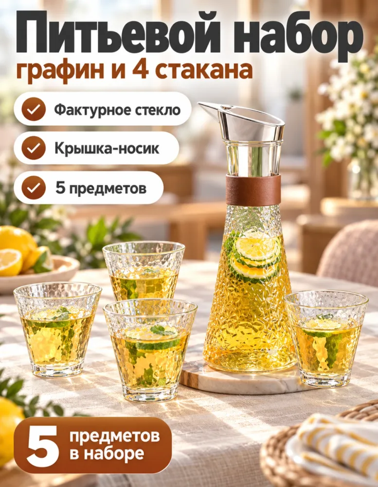 Питьевой набор QIAOZHIYA из 5 предметов: графин и 4 стакана, фактурное стекло