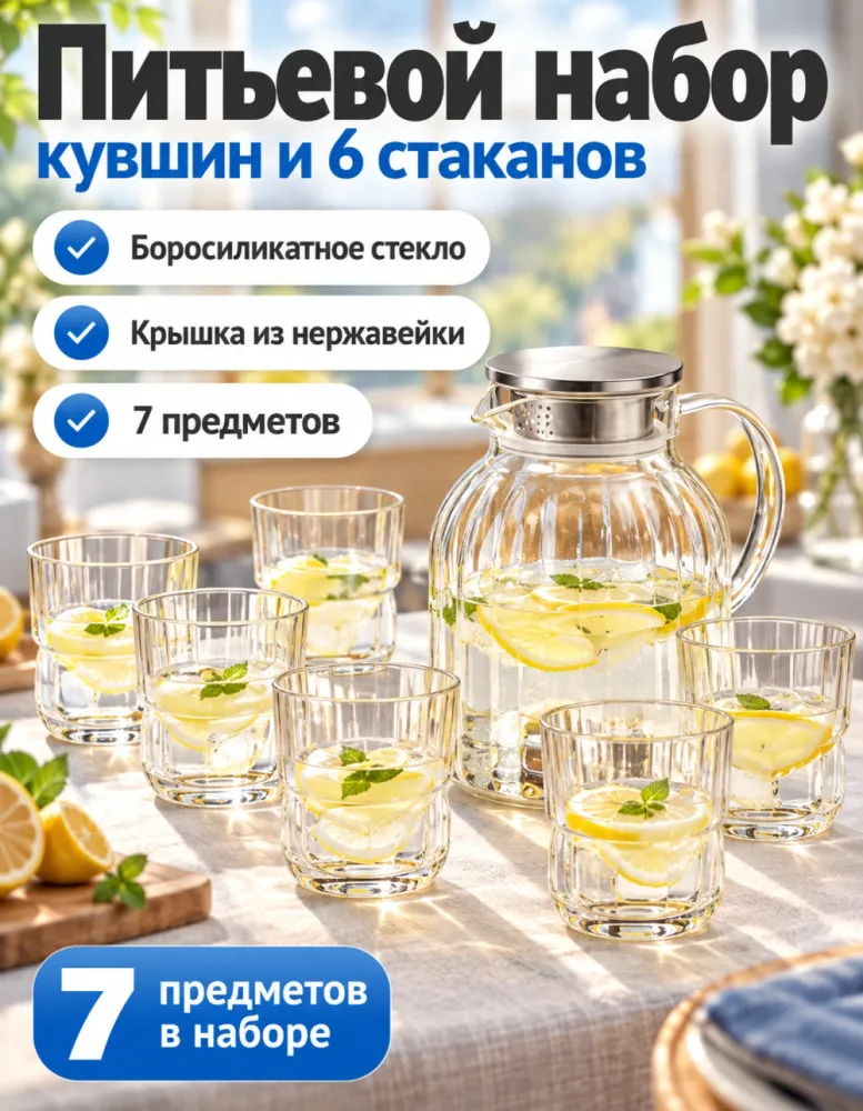 Питьевой набор из 7 предметов: кувшин и 6 стаканов, боросиликатное стекло