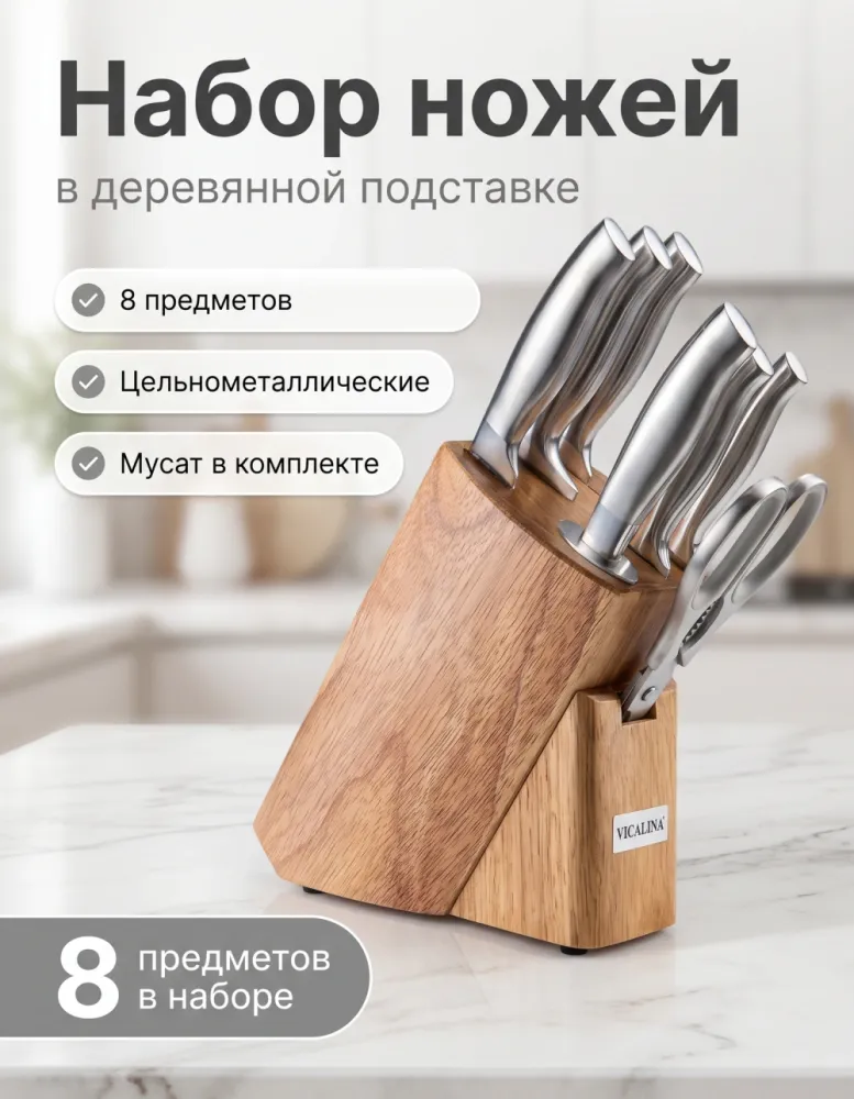 Набор кухонных ножей VICALINA VL-515 8 предметов в деревянной подставке