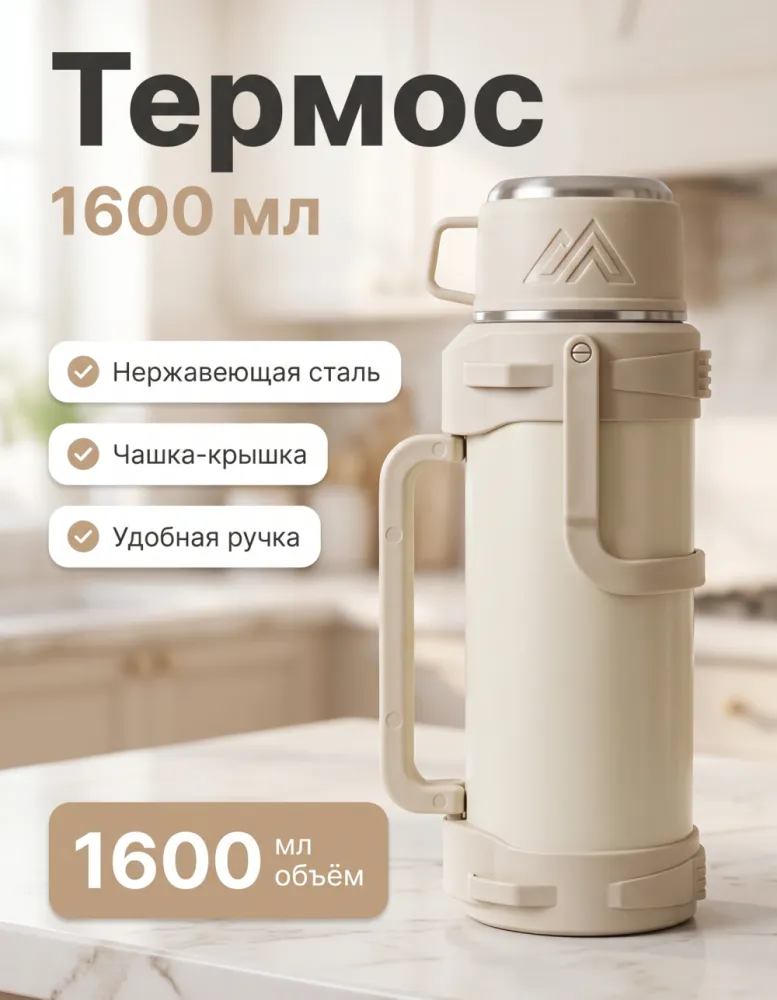 Термос AMSZM 1600 мл с чашкой-крышкой, бежевый