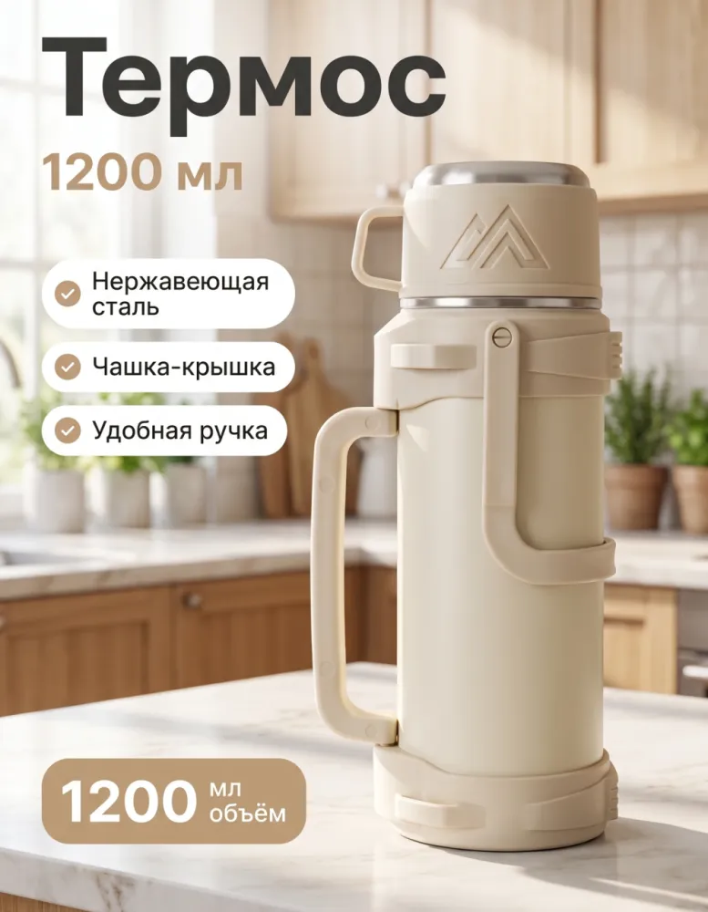 Термос AMSZM 1200 мл с чашкой-крышкой, бежевый
