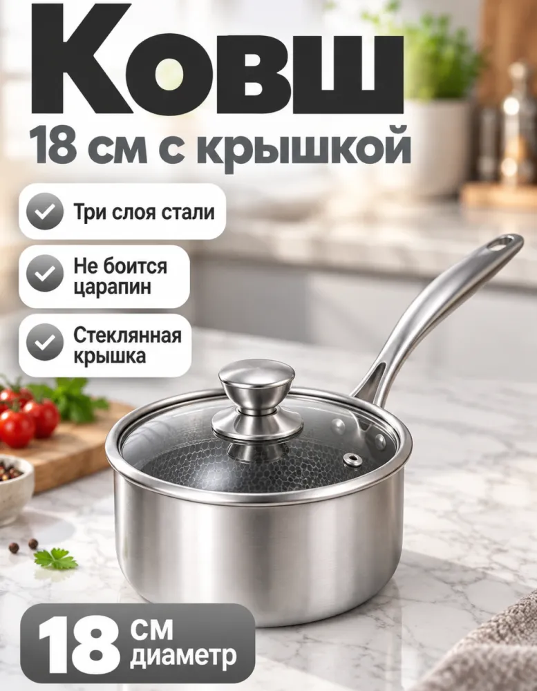 Ковш из нержавеющей стали трёхслойный 18 см со стеклянной крышкой