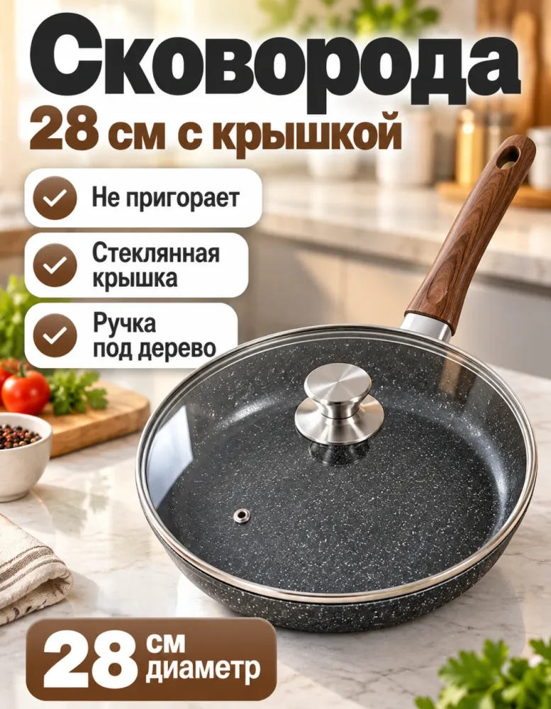 Сковорода 28 см с антипригарным покрытием, стеклянной крышкой и ручкой под дерево