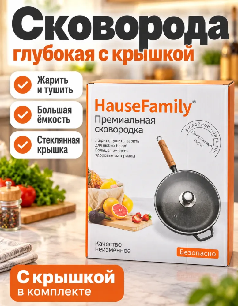 Сковорода глубокая HauseFamily с крышкой и ручкой под дерево