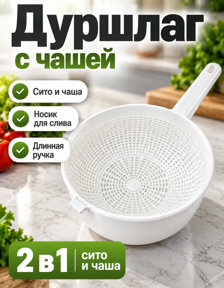 Дуршлаг-сито с ручкой и чашей, белый