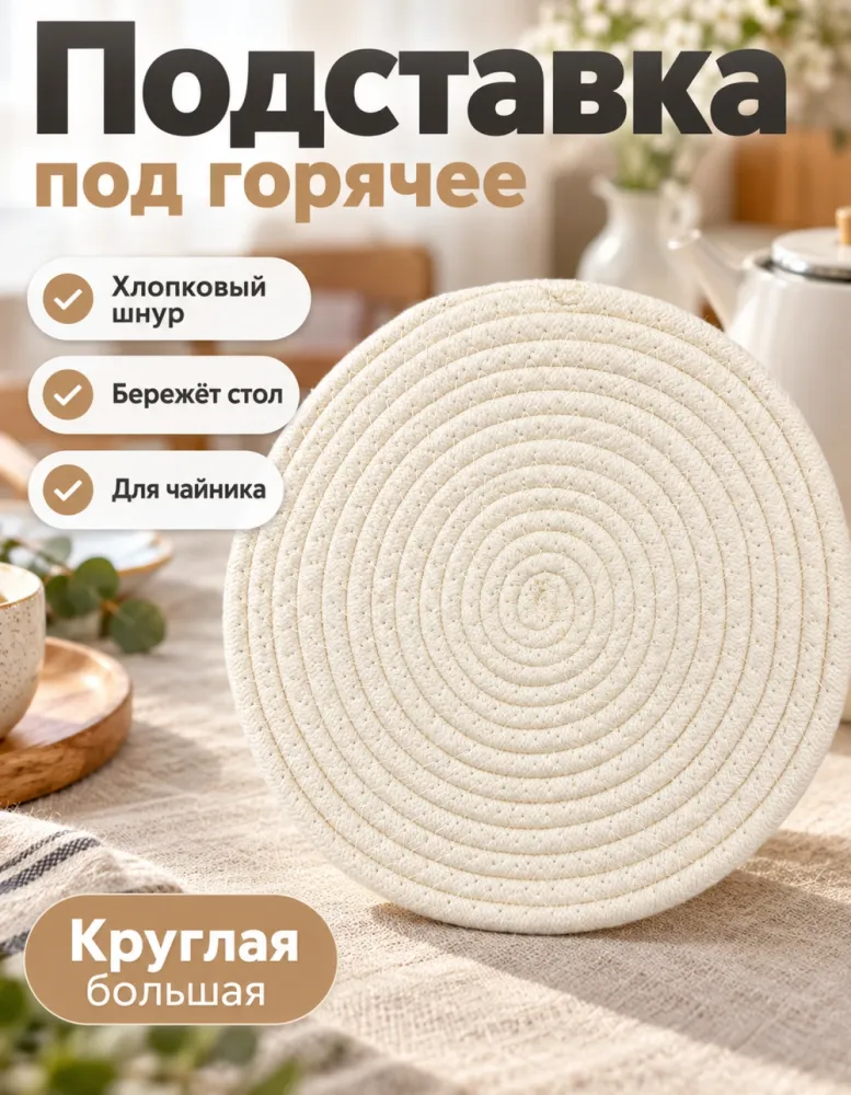 Подставка под чайник и горячее круглая из хлопкового шнура, кремовая