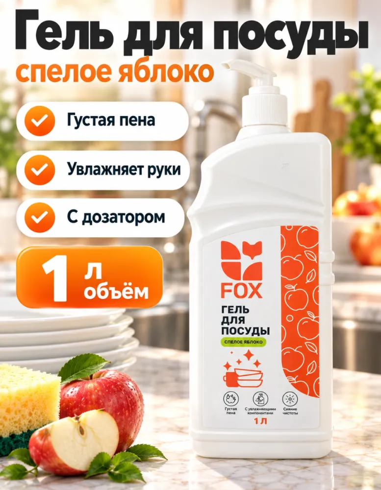 Гель для мытья посуды FOX Спелое яблоко 1 л с дозатором