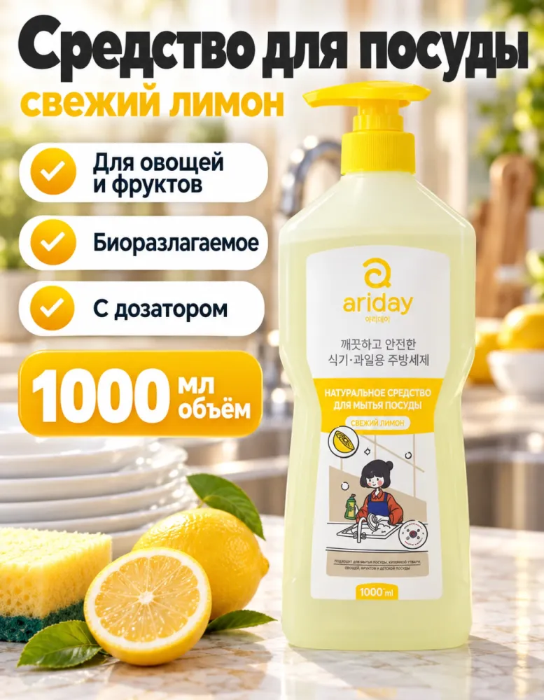 Средство для мытья посуды Ariday Свежий лимон 1000 мл с дозатором