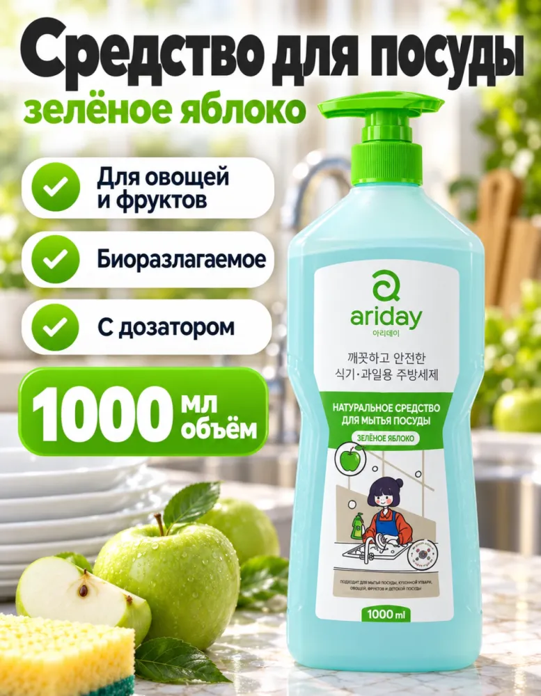Средство для мытья посуды Ariday Зелёное яблоко 1000 мл с дозатором