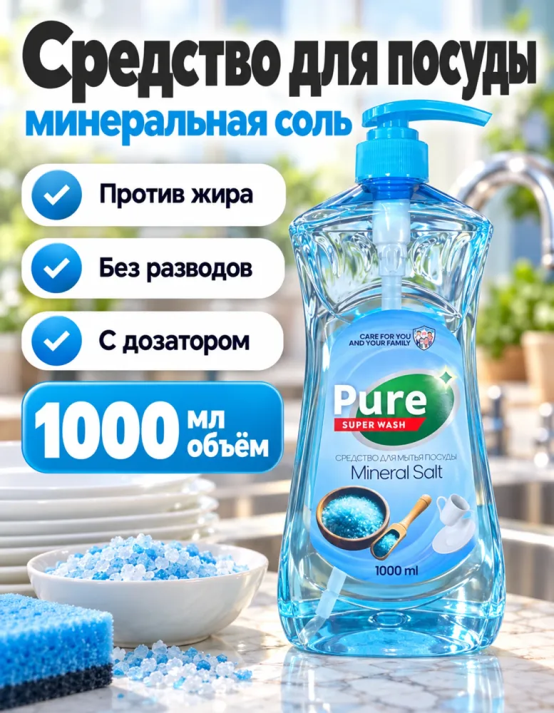Средство для мытья посуды Pure Super Wash Mineral Salt 1000 мл с дозатором