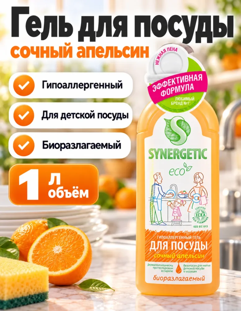Гипоаллергенный гель для посуды SYNERGETIC Сочный апельсин 1 л
