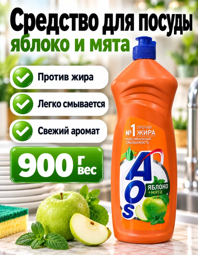 Средство для мытья посуды AOS Яблоко + мята 900 г