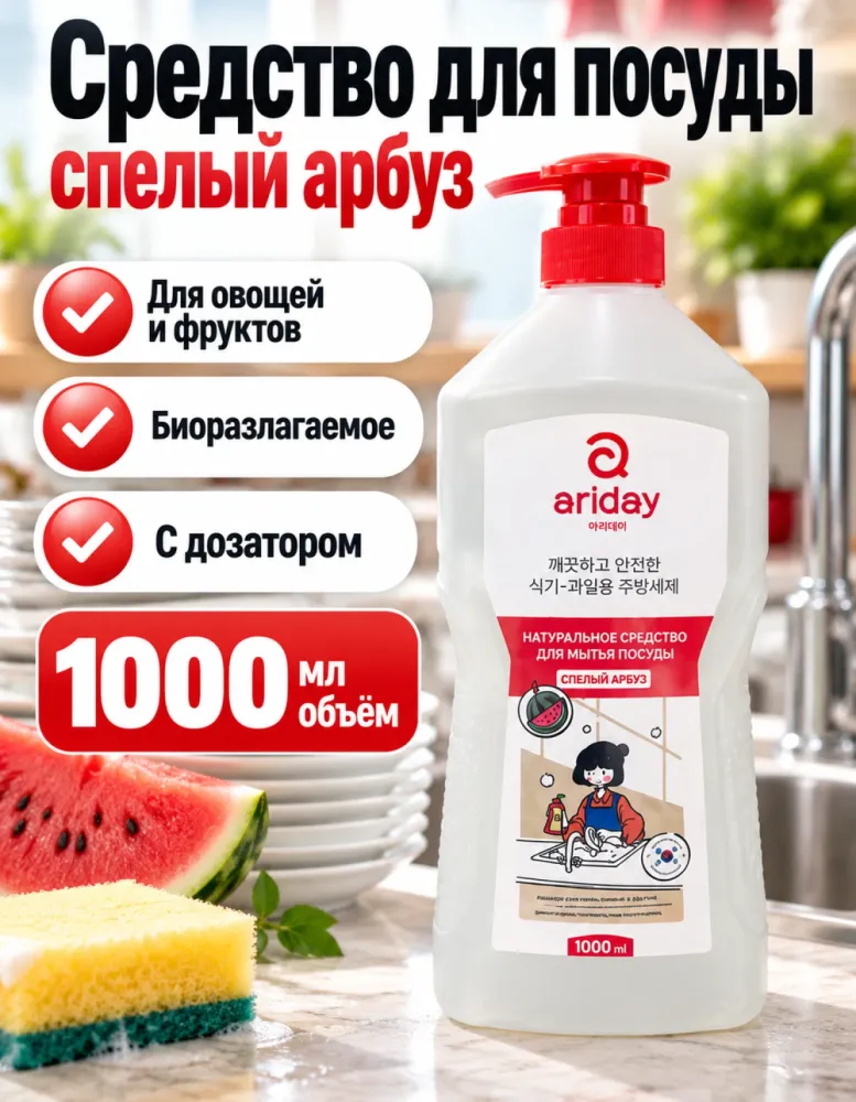 Средство для мытья посуды Ariday Спелый арбуз 1000 мл с дозатором
