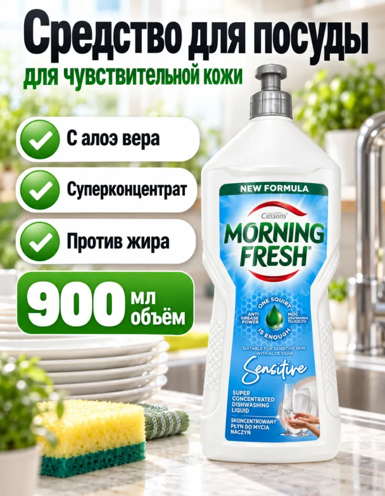 Средство для мытья посуды Morning Fresh Sensitive с алоэ вера 900 мл