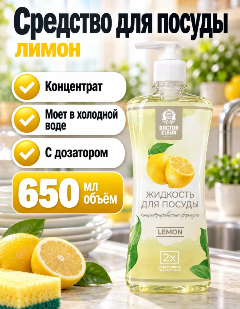 Жидкость для мытья посуды Doctor Clean Lemon 650 мл с дозатором, концентрат