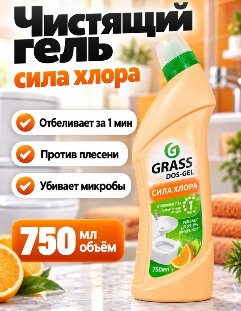 Чистящий гель GRASS DOS-GEL Сила хлора 750 мл апельсин