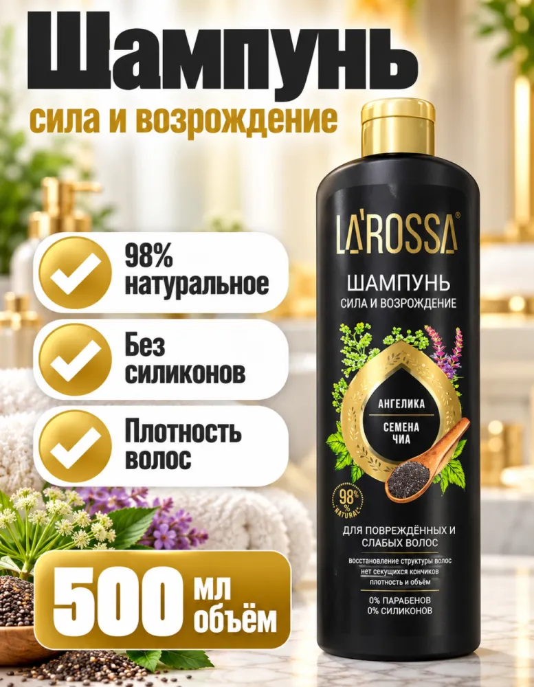 Шампунь LA'ROSSA «Сила и возрождение» ангелика и семена чиа 500 мл