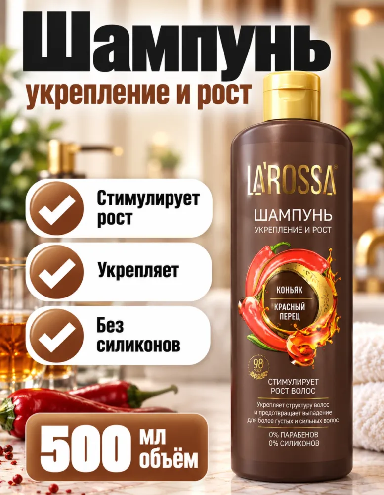 Шампунь LA'ROSSA «Укрепление и рост» коньяк и красный перец 500 мл