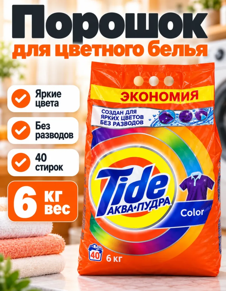 Стиральный порошок Tide Color Аква-Пудра 6 кг, 40 стирок