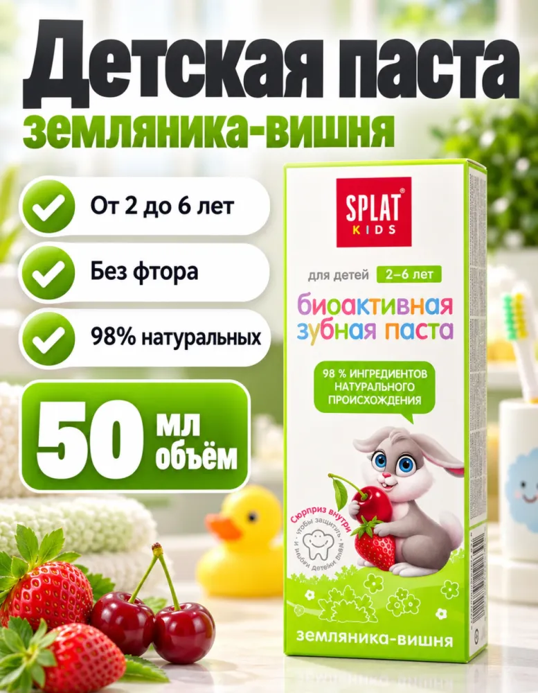 Детская биоактивная зубная паста SPLAT Kids Земляника-вишня 2–6 лет без фтора 50 мл
