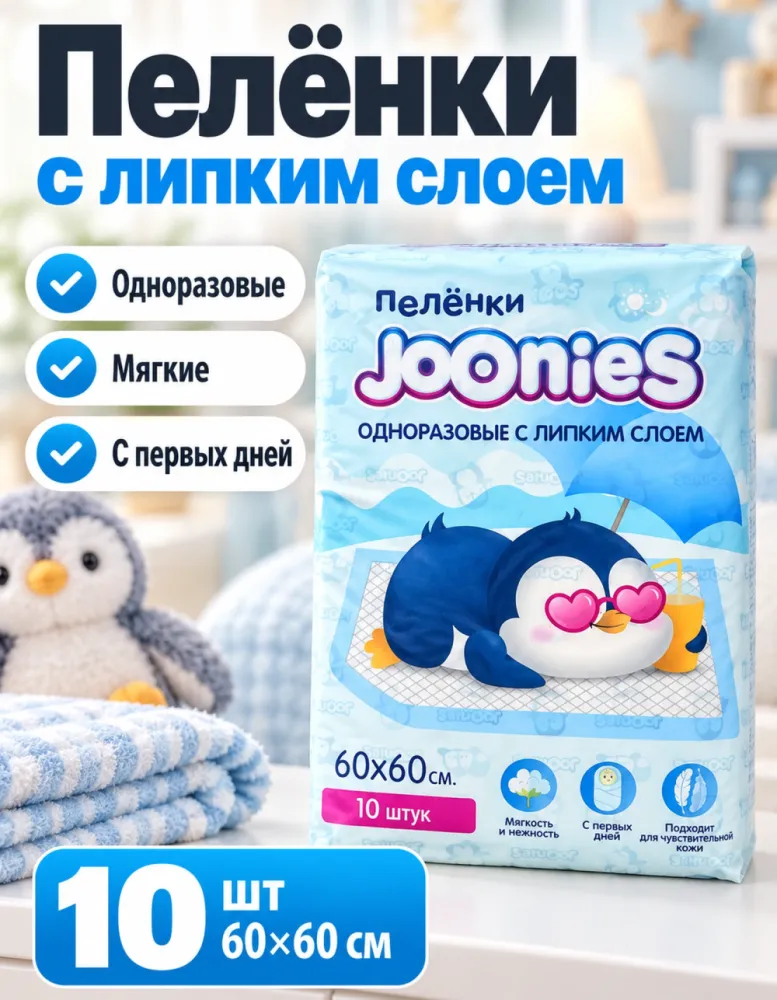 Пелёнки одноразовые Joonies с липким слоем 60×60 см 10 шт