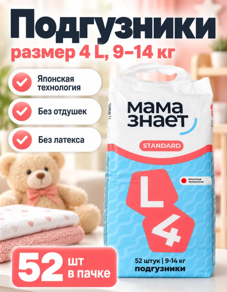 Подгузники Мама знает Standard 4 L 9–14 кг 52 шт