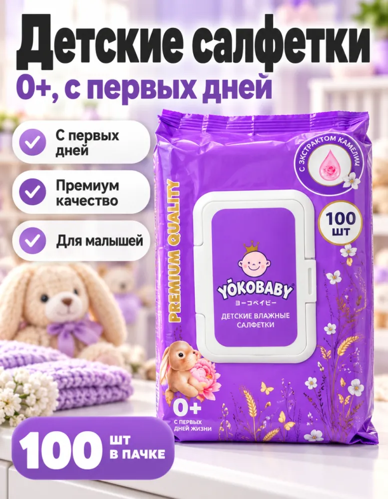 Детские влажные салфетки YokoBaby Premium Quality 0+ 100 шт