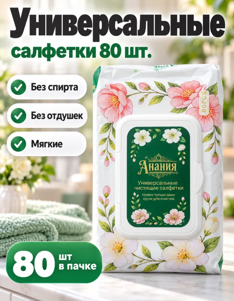 Универсальные влажные салфетки Анания без спирта и отдушек 80 шт