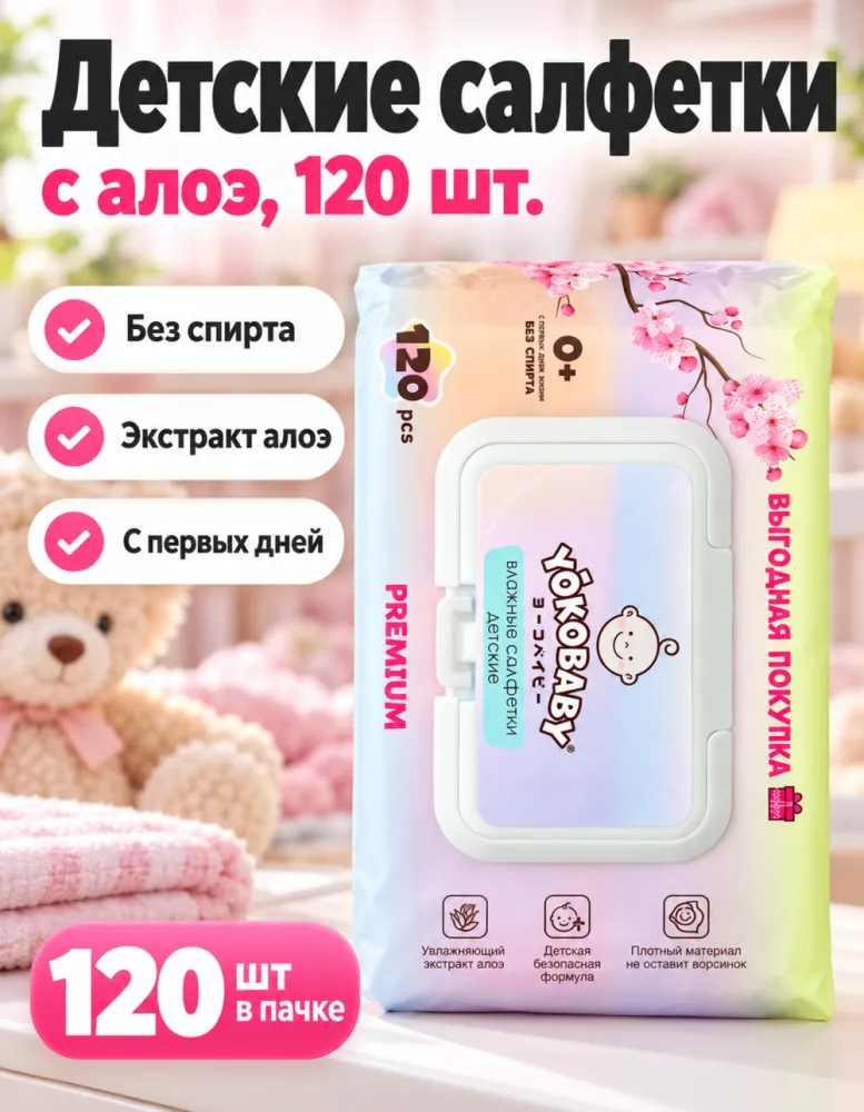 Детские влажные салфетки YokoBaby Premium без спирта с алоэ 0+ 120 шт