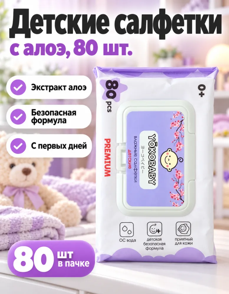 Детские влажные салфетки YokoBaby Premium с алоэ 0+ 80 шт