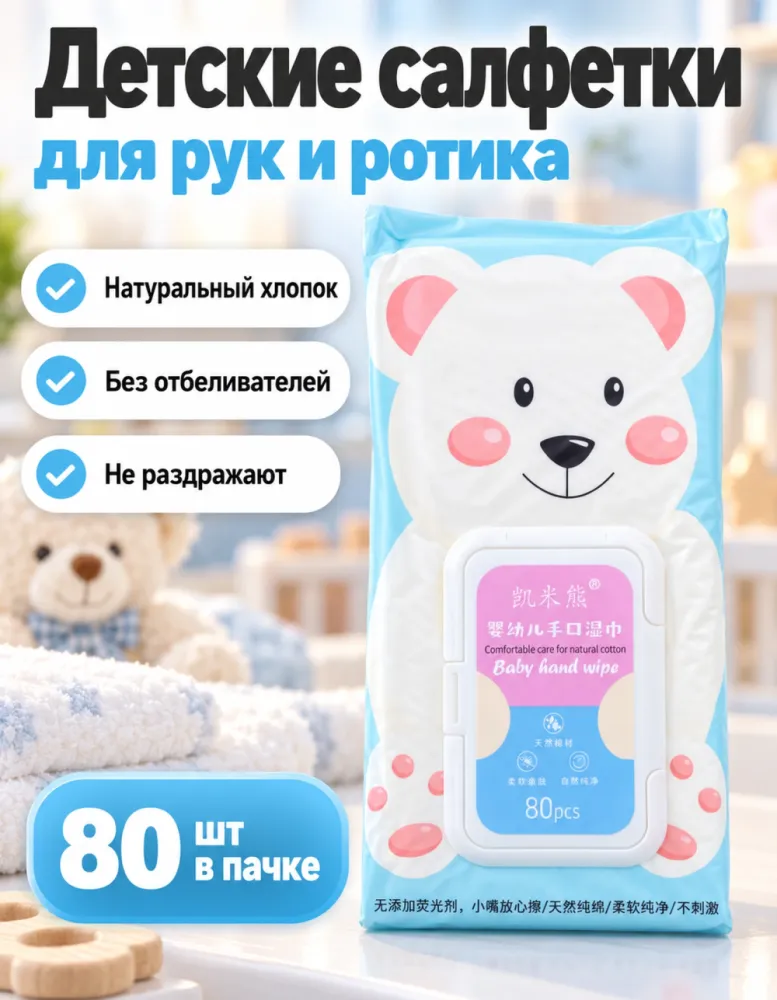 Детские влажные салфетки для рук и рта Kaimixiong (凯米熊) Baby hand wipe 80 шт