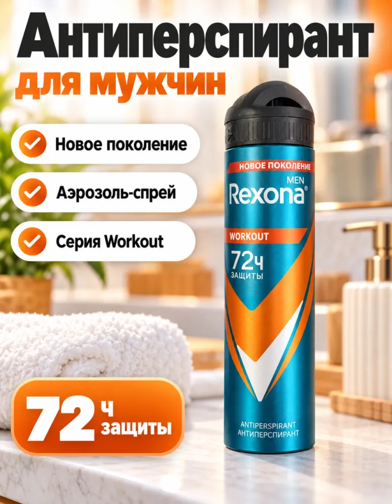 Антиперспирант-аэрозоль мужской Rexona Men Workout 72 ч защиты