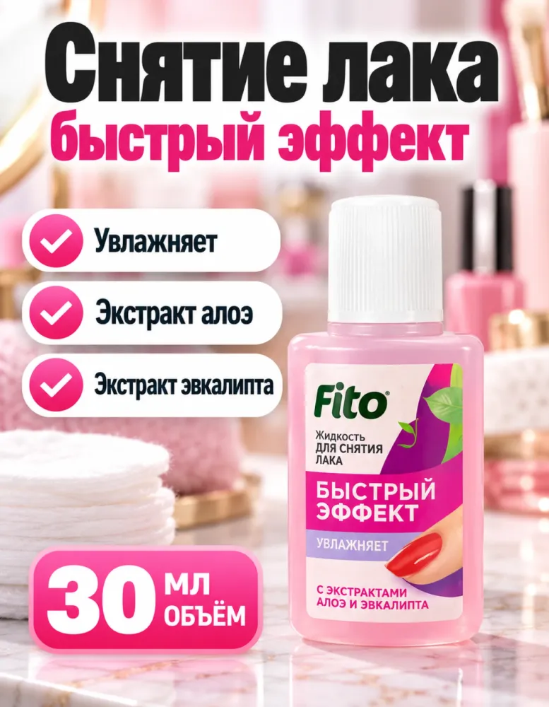Жидкость для снятия лака Fito «Быстрый эффект» с экстрактами алоэ и эвкалипта 30 мл