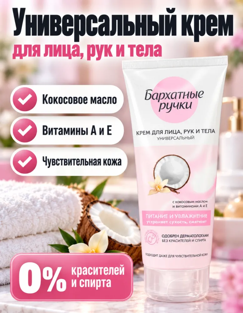 Универсальный крем для лица, рук и тела Бархатные ручки «Питание и увлажнение» с кокосовым маслом и витаминами А и Е