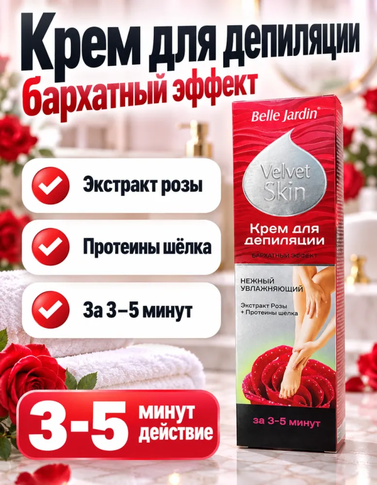 Крем для депиляции Belle Jardin Velvet Skin нежный увлажняющий с экстрактом розы и протеинами шёлка