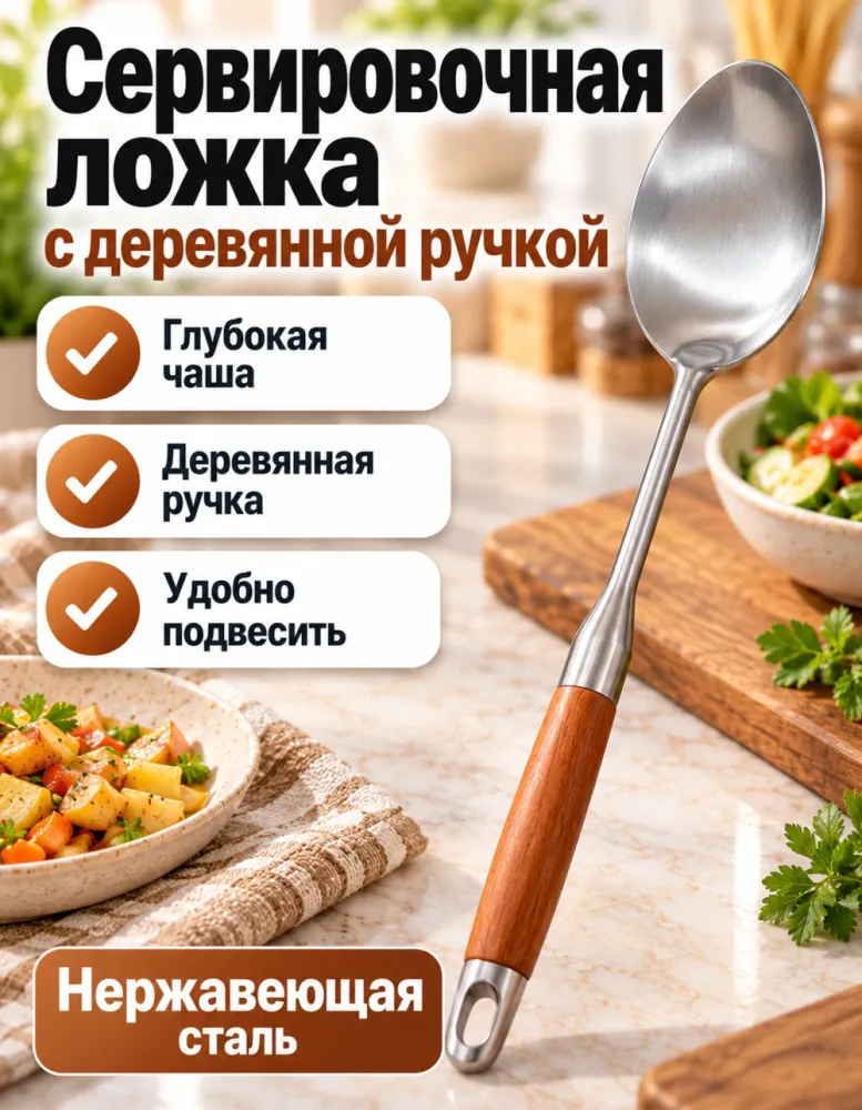 Ложка сервировочная из нержавеющей стали с деревянной ручкой